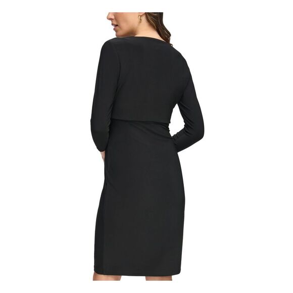 TOMMY HILFIGER Womens Black Twist Front Pullover 3/4 Sleeve Faux Wrap Dress 2 - Picture 2 of 4